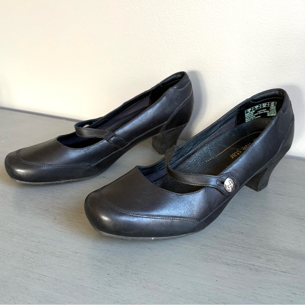 TImberland Pro Leela Mary Jane Black Leather Heels Women Sz 9 Slip Resistant